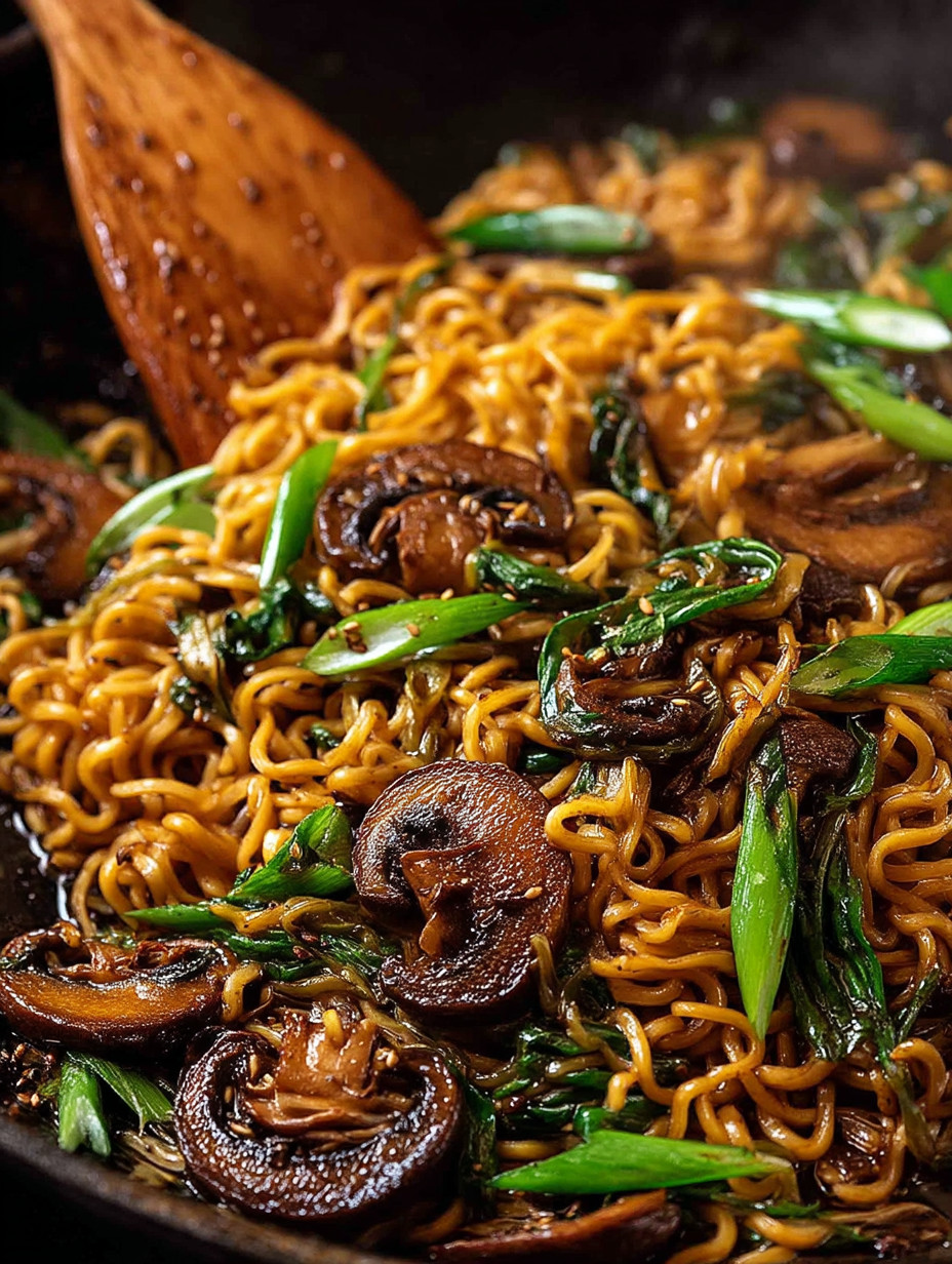 A bowl of noodles with mushrooms and green onions.