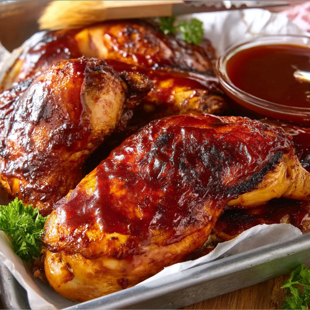 A pan of chicken with barbecue sauce.
