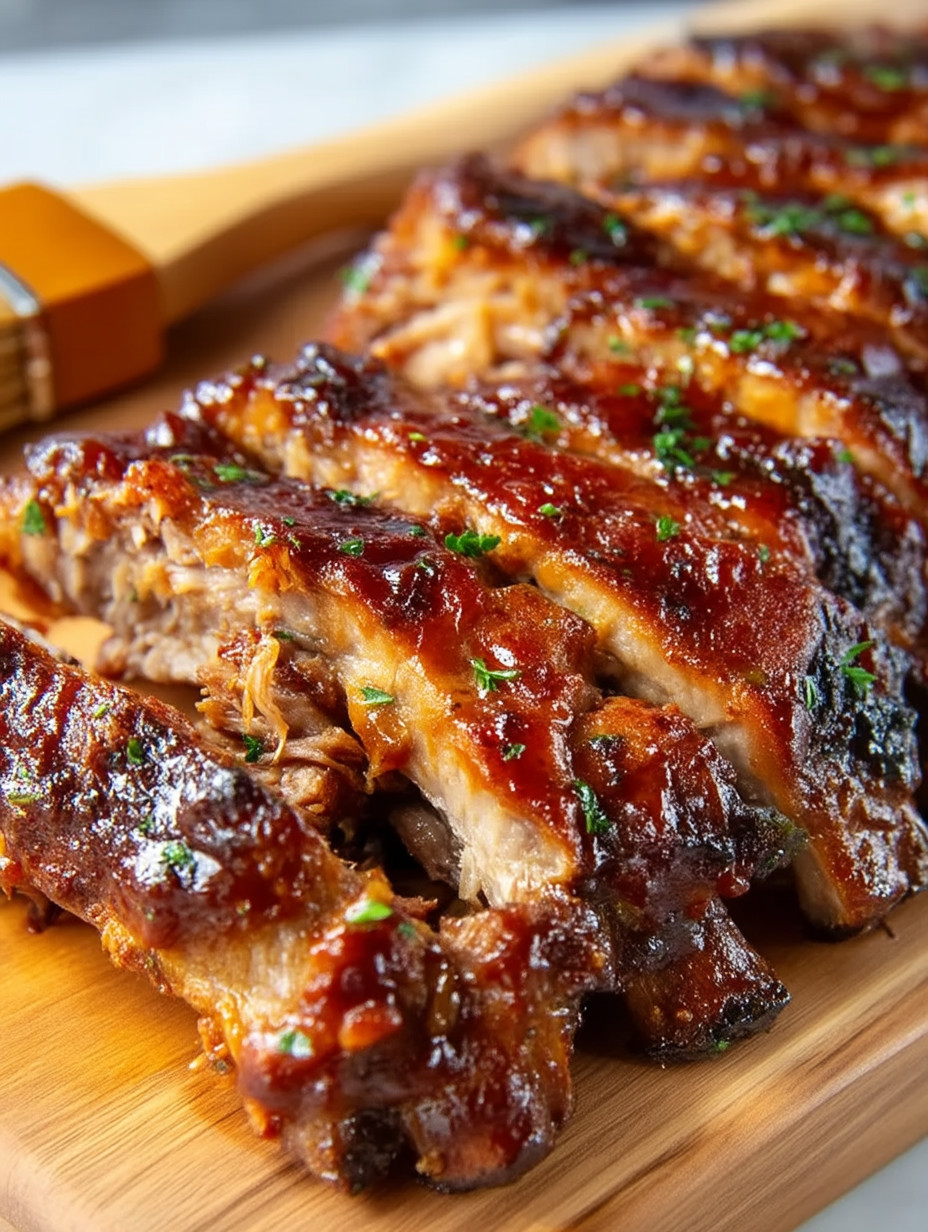 A BBQ ribs meal on a wooden platter.