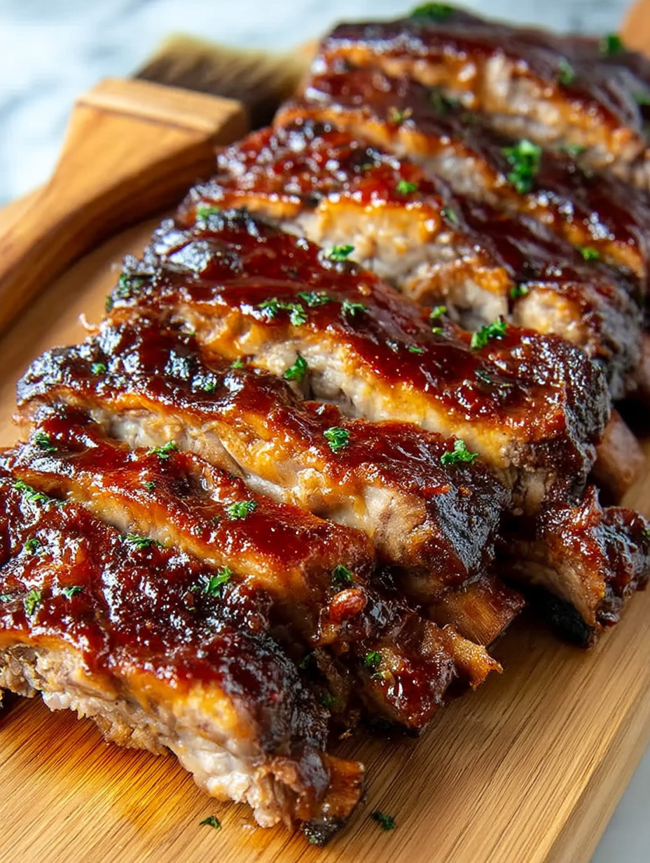 A close up of BBQ ribs on a wooden platter.