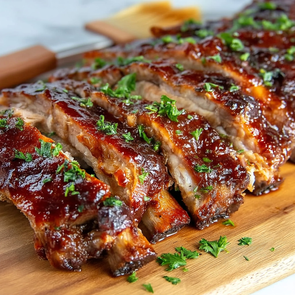 A wooden cutting board with BBQ ribs on it.