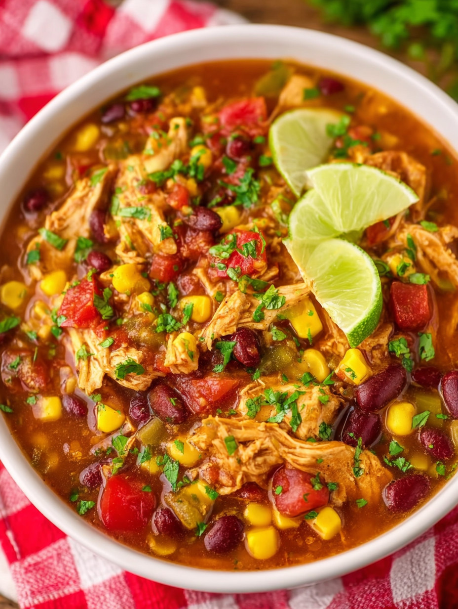 A bowl of soup with a lime wedge on top.