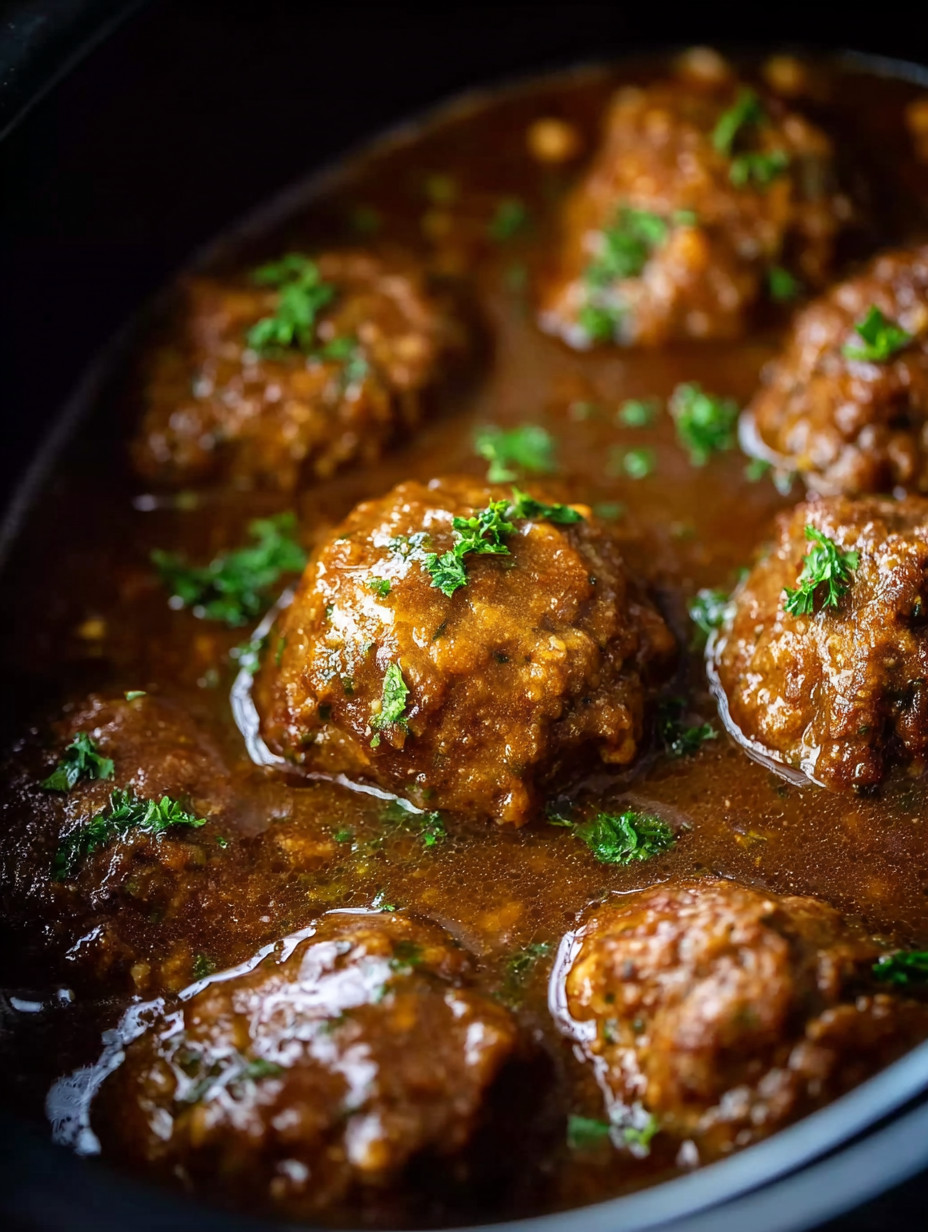 A pot of meatballs in a brown sauce.