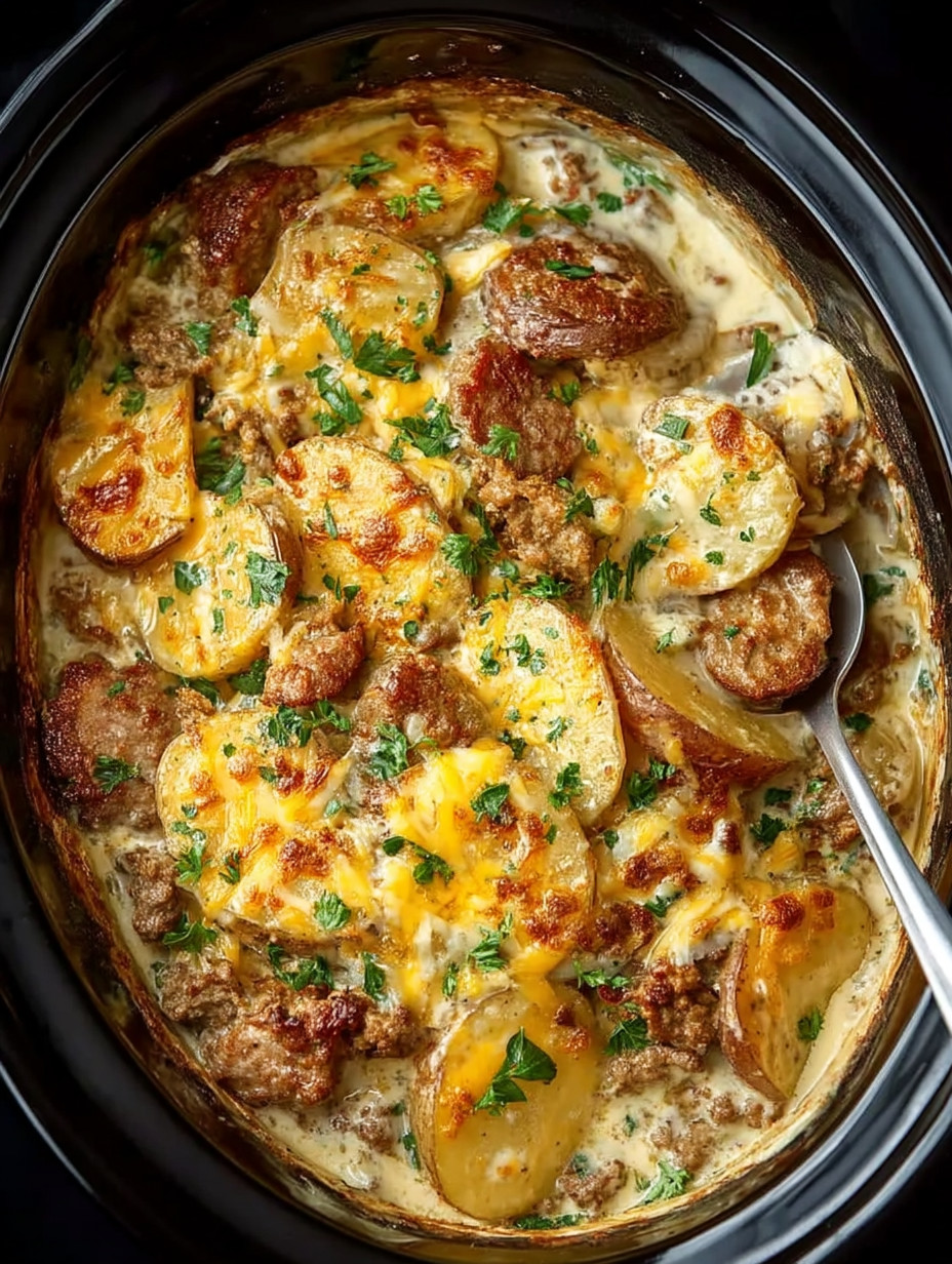 A pot of food with potatoes and meat.