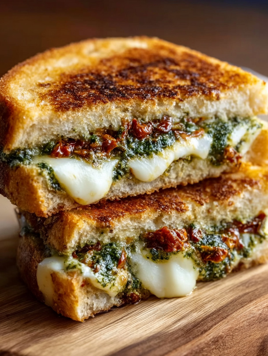 A sandwich with cheese and greens on a wooden table.