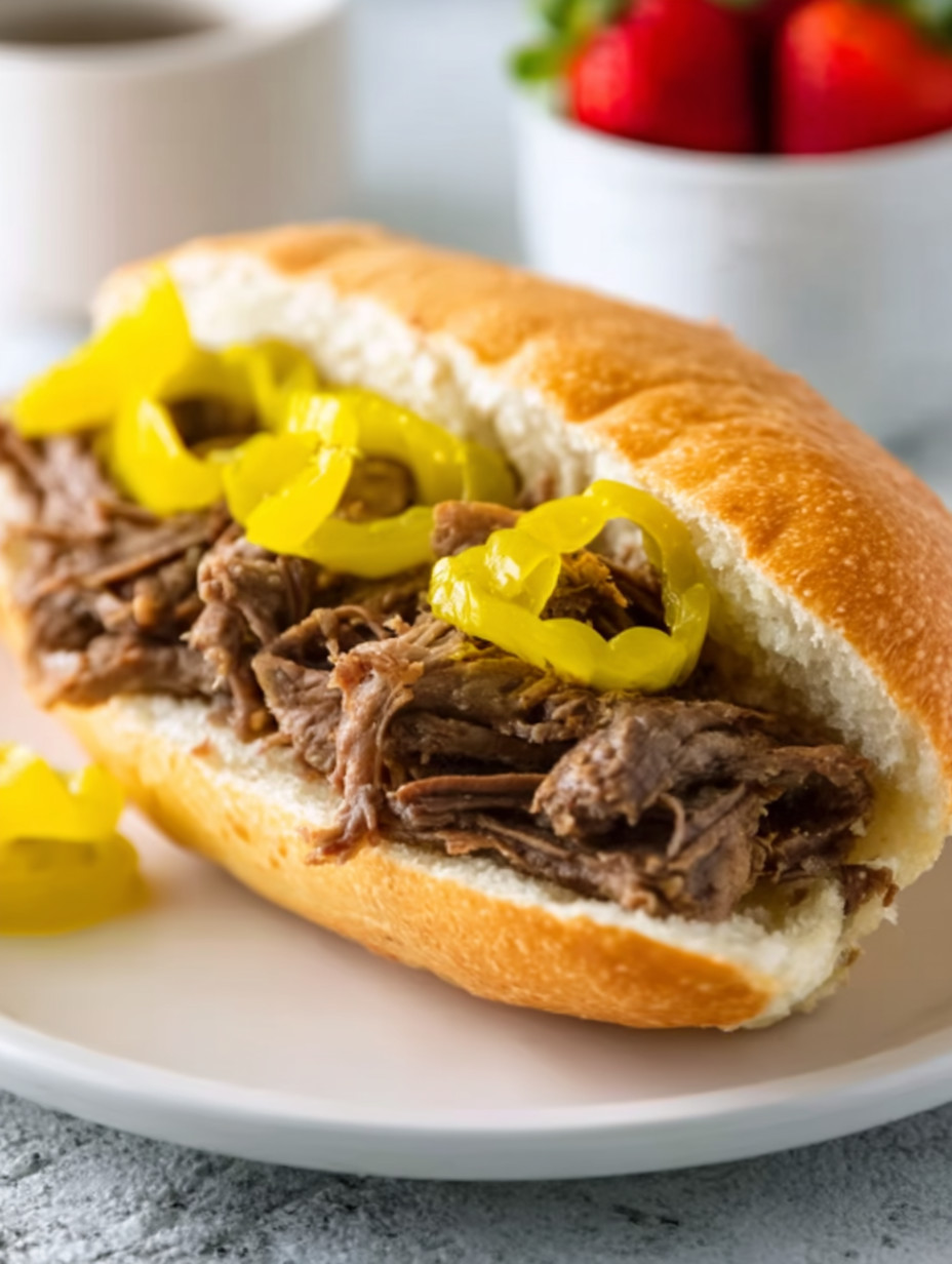 A sandwich with meat and peppers.