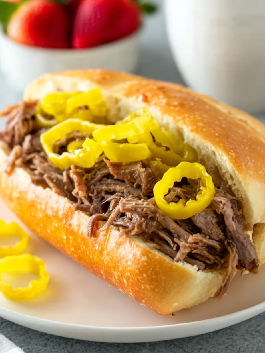 A sandwich with meat and yellow peppers.