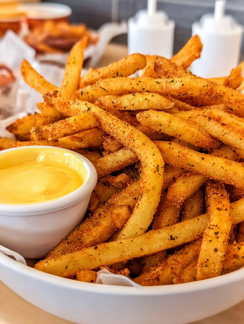 A bowl of french fries with a dipping sauce.