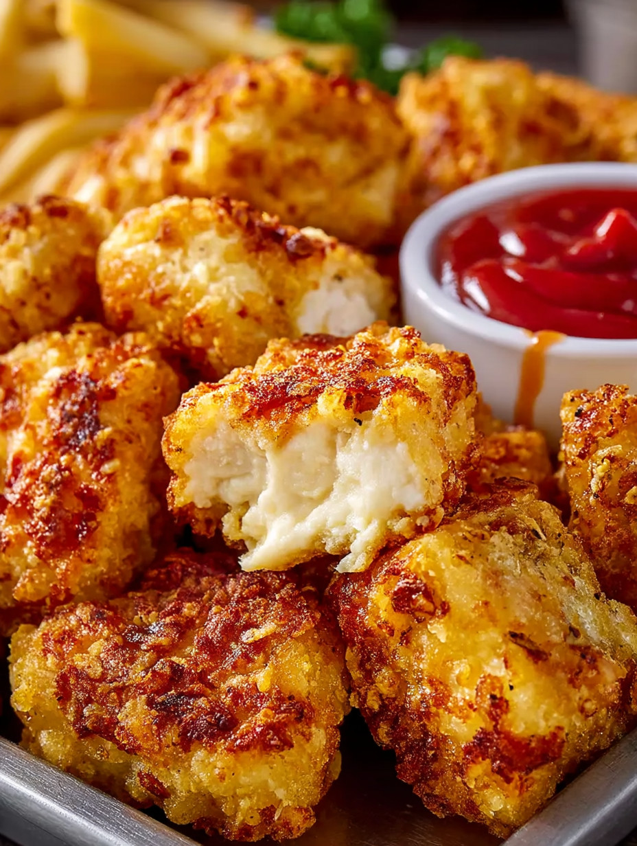 A plate of chicken bites with a bowl of ketchup.