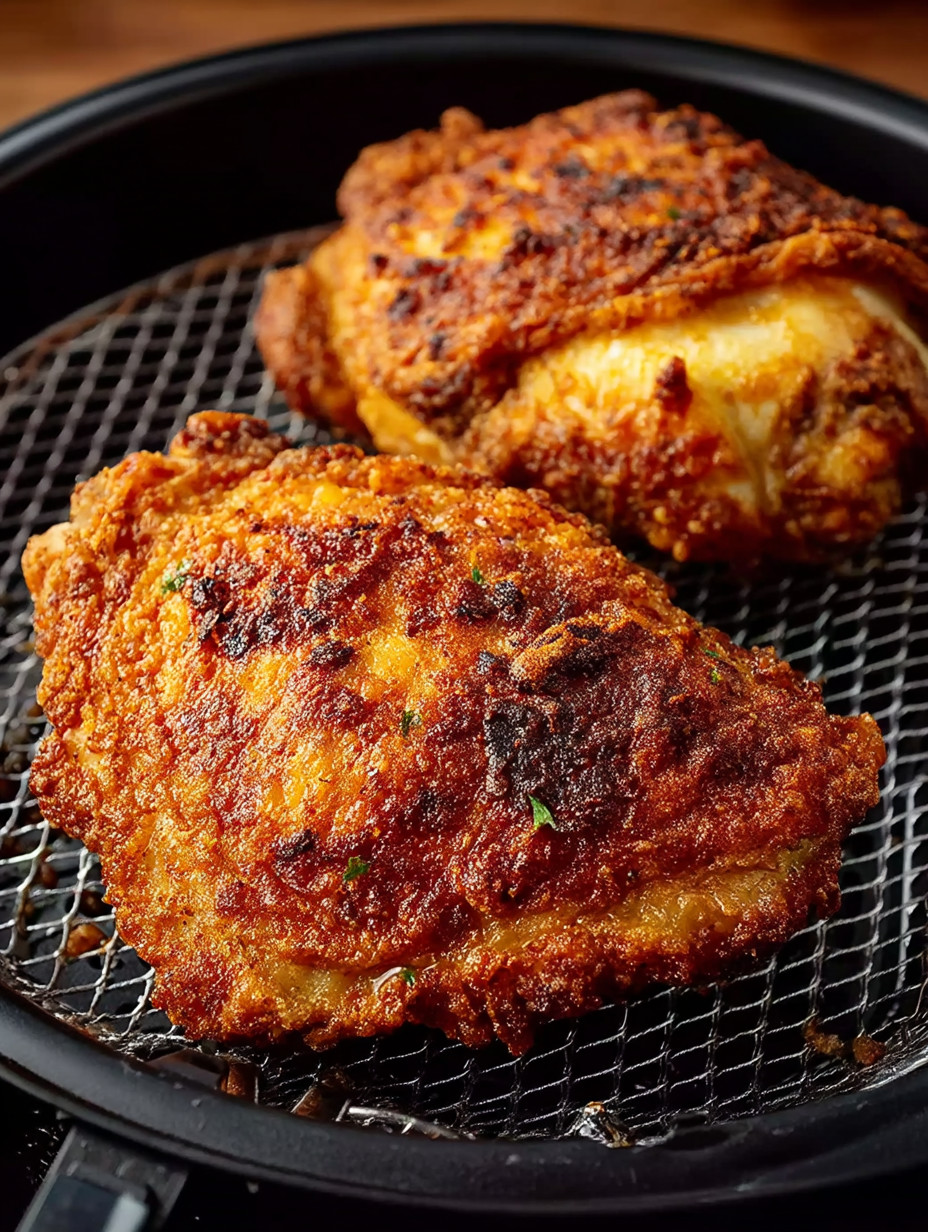Two pieces of fried chicken on a wire rack.