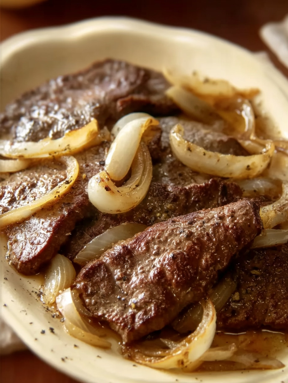 A plate of meat with onions.