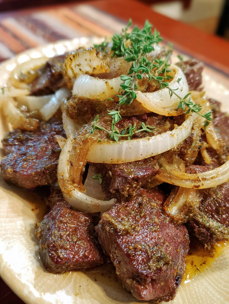 A plate of meat with onions on top.