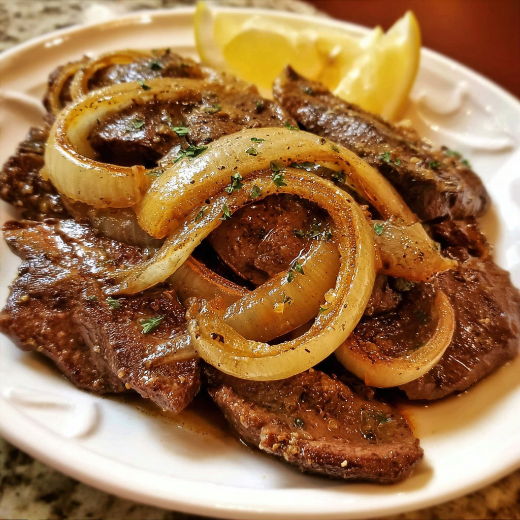 A plate of meat with onions on top.