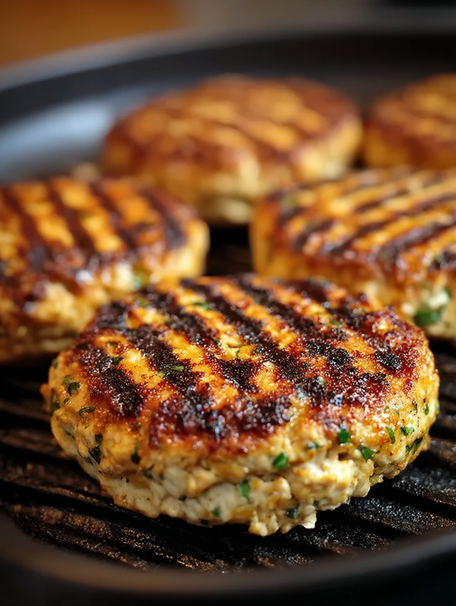 Grilled chicken patties on a grill.