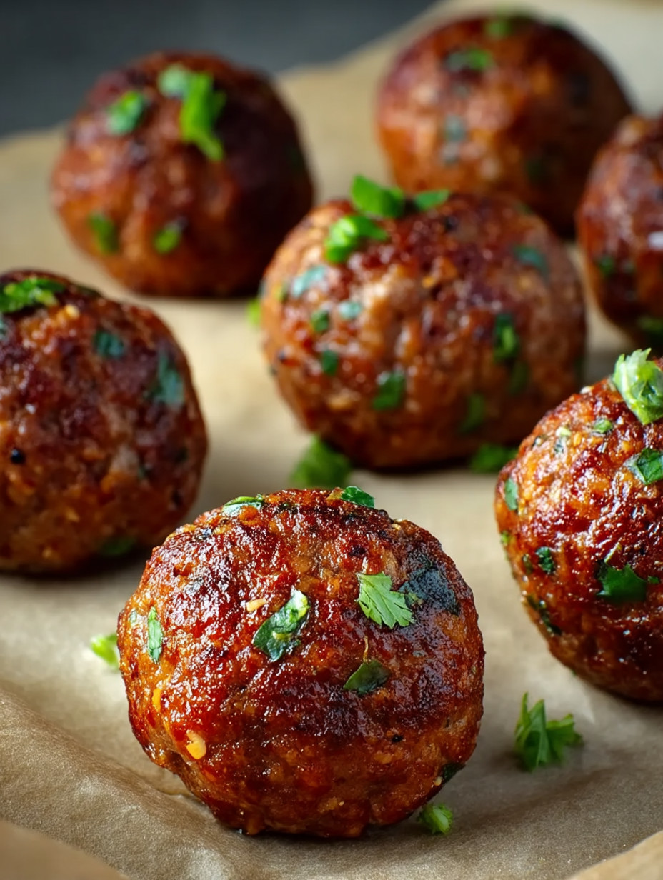 A plate of meatballs with green toppings.