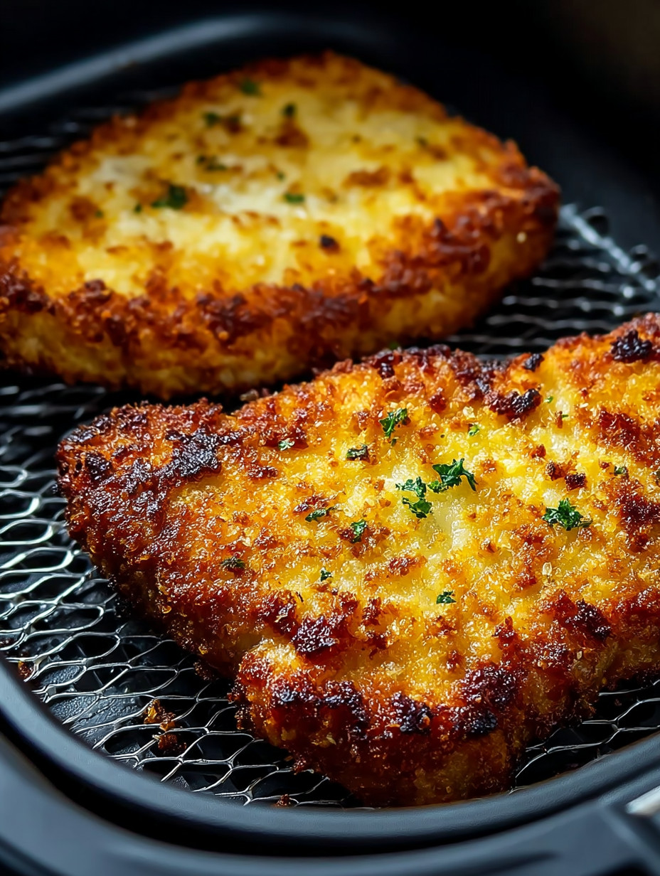 Two pieces of breaded meat on a wire rack.