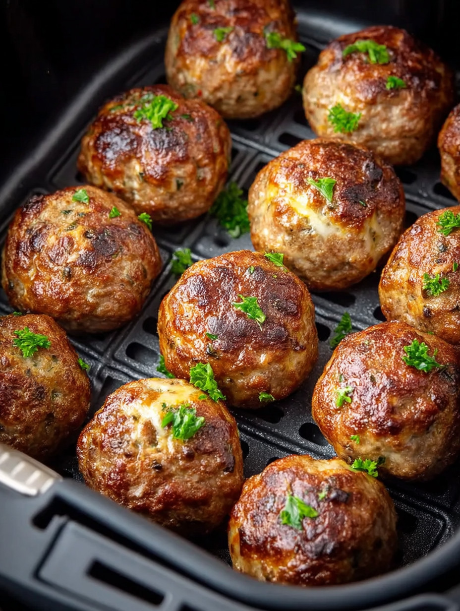 A tray of meatballs with green toppings.
