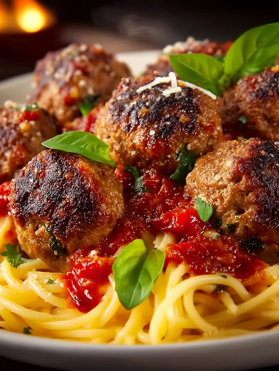 A plate of meatballs and spaghetti.