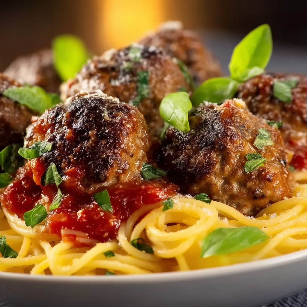A plate of food with meatballs and spaghetti.