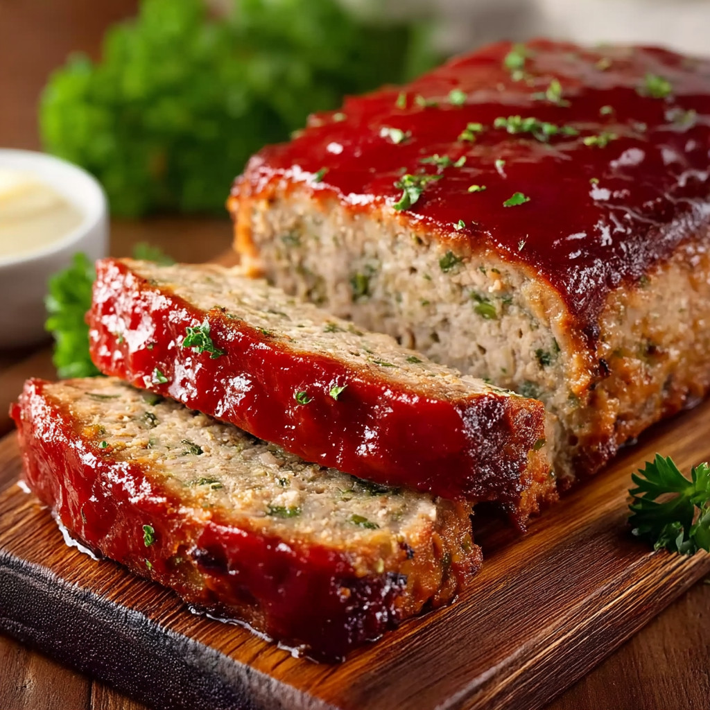 A slice of meatloaf with a green topping.