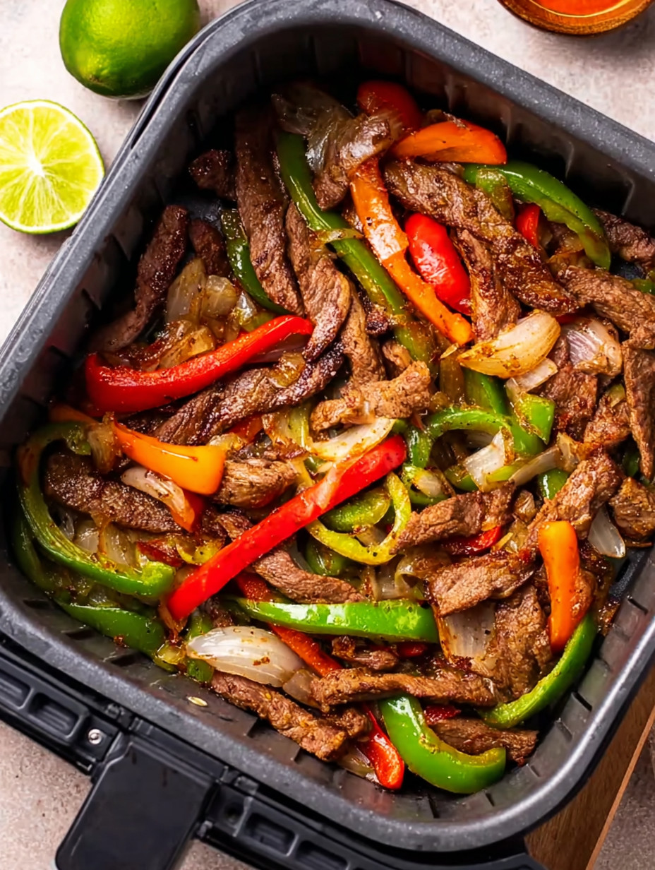 A tray of meat and peppers.