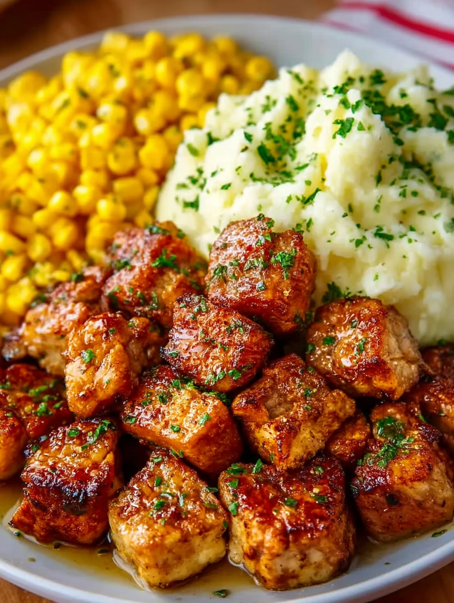 A plate of food with meat, potatoes and corn.