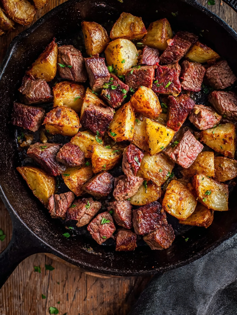 A pan of meat and potatoes.