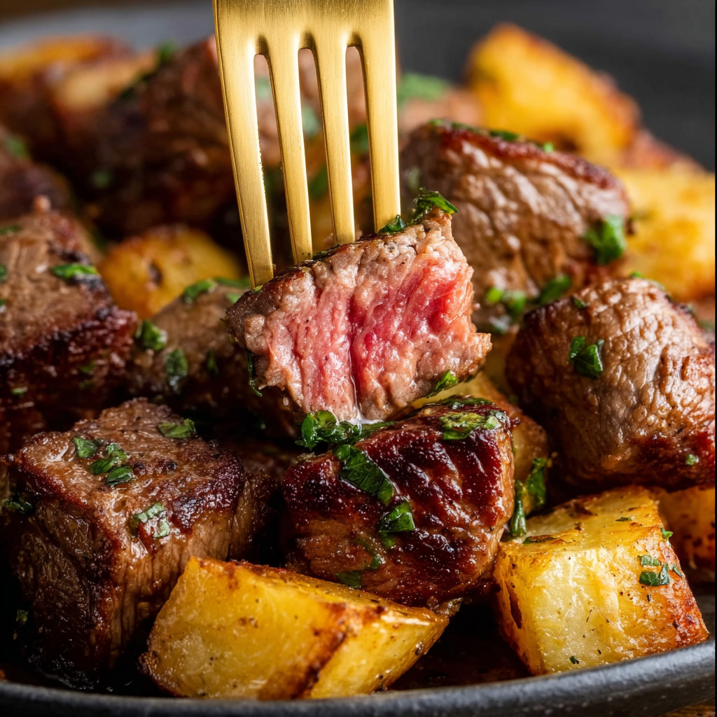 A fork is being used to eat meat.