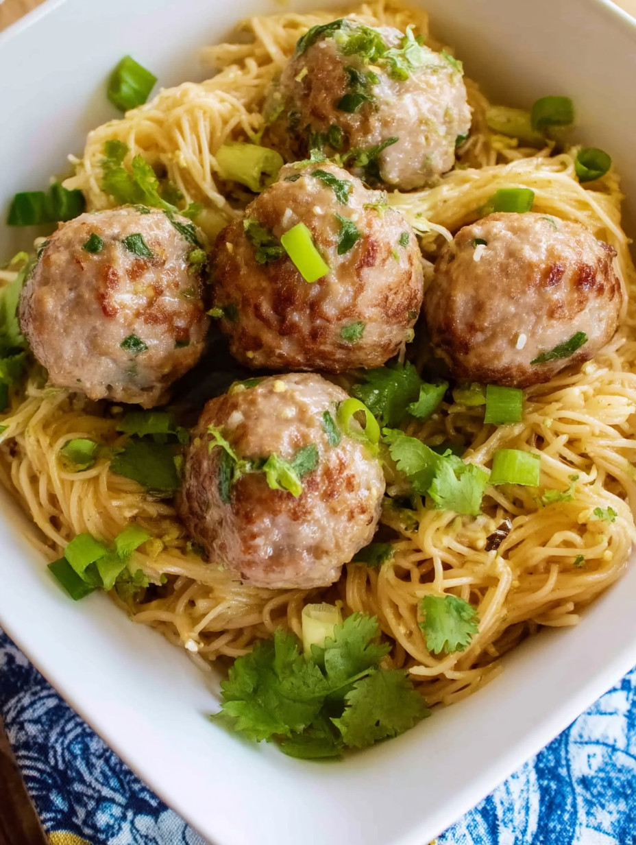 A bowl of noodles with meatballs and green onions.
