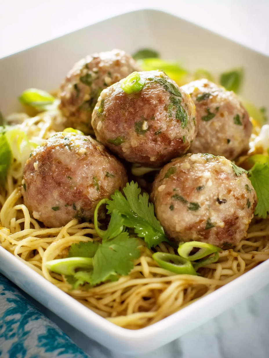 A bowl of pasta with meatballs and green onions.