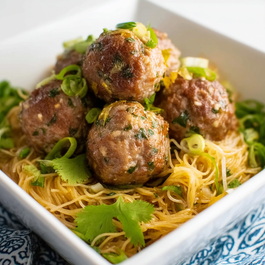 A bowl of meatballs with noodles.