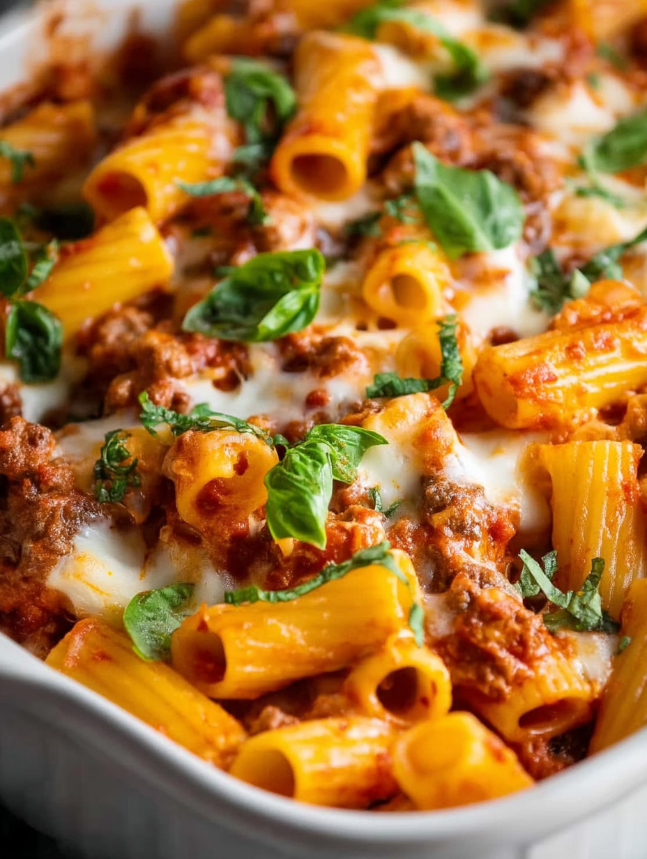 A plate of pasta with meat and cheese.