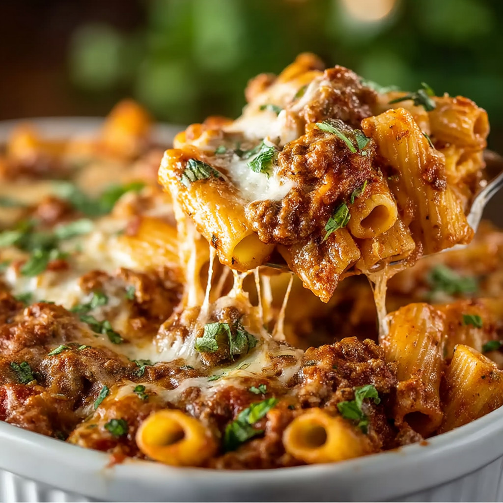 A bowl of pasta with meat and cheese.