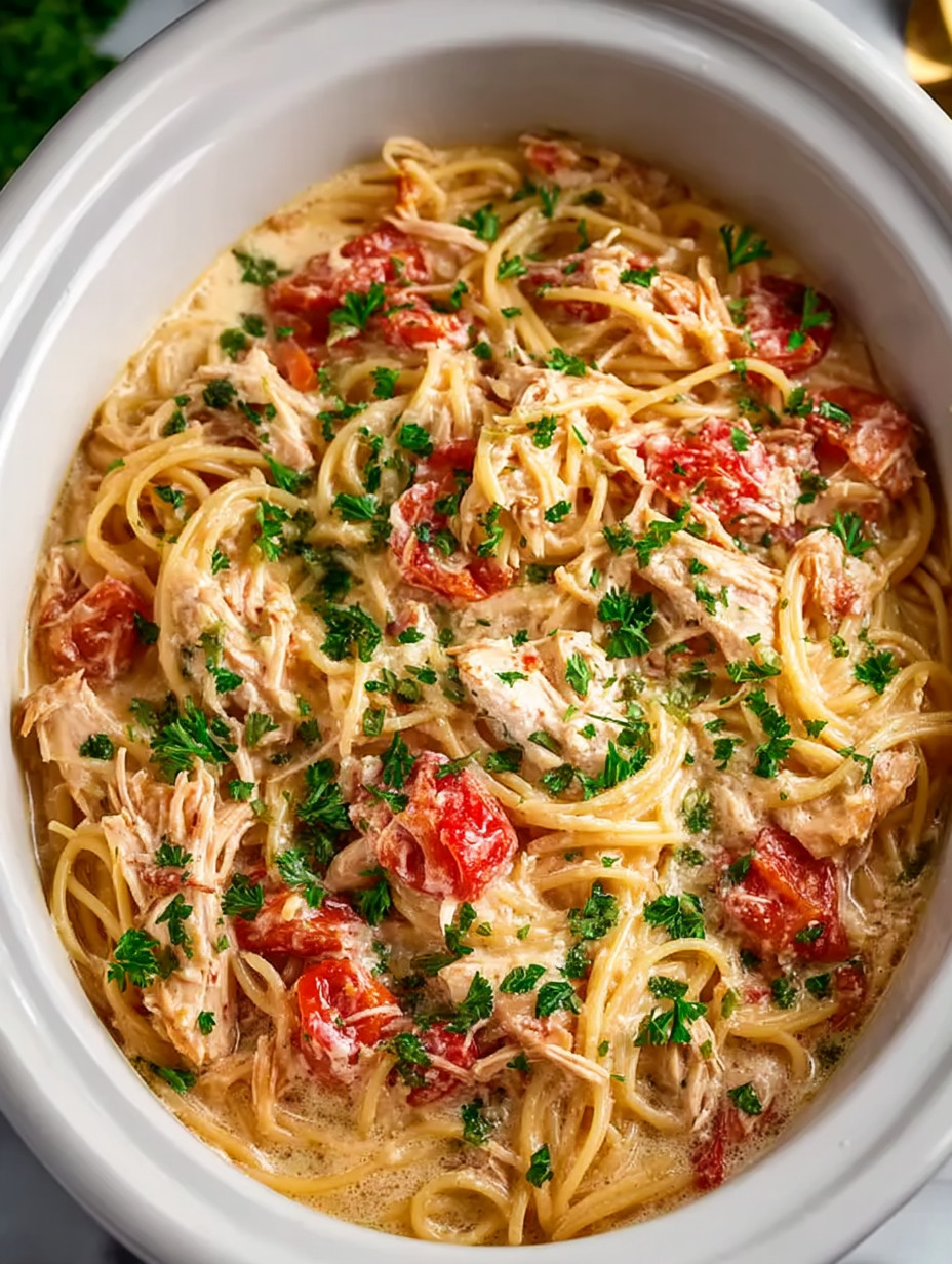 A bowl of pasta with tomatoes and chicken.