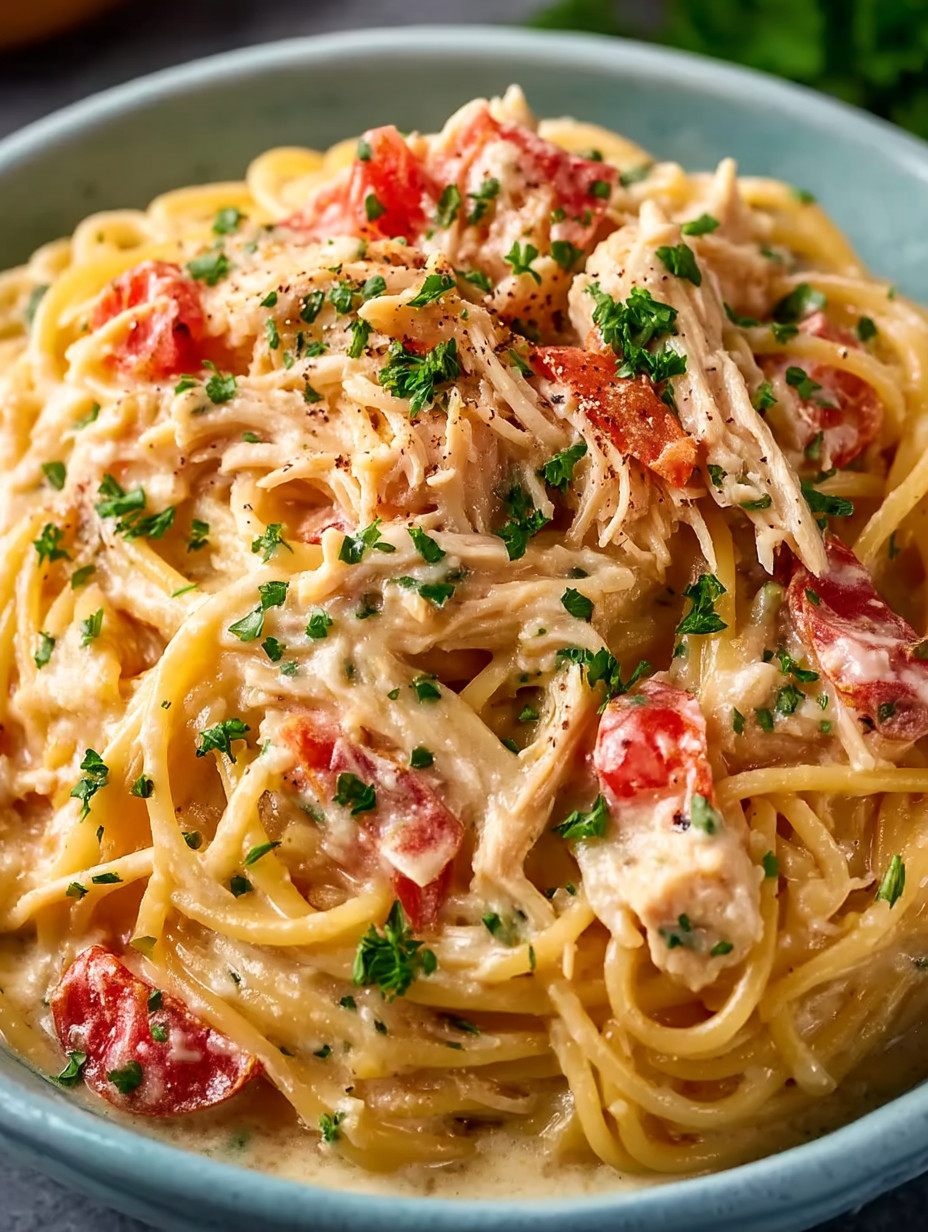 A plate of spaghetti with tomatoes and chicken.