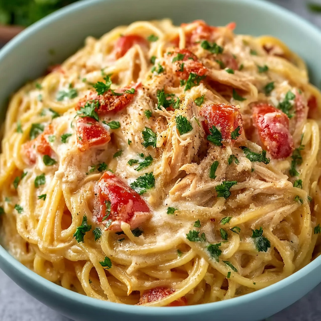 A bowl of pasta with chicken and tomatoes.
