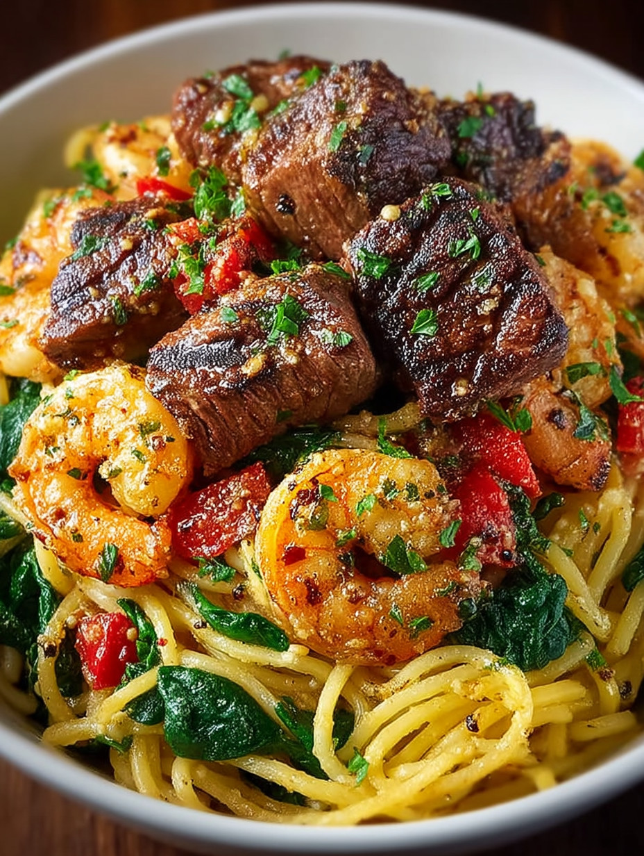 A bowl of shrimp and beef.