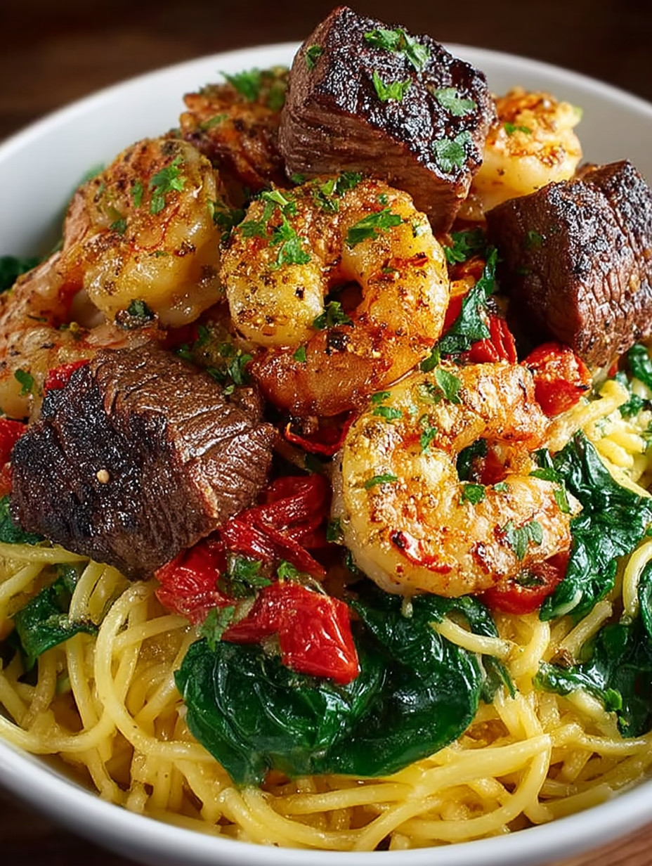 A bowl of shrimp and vegetables.