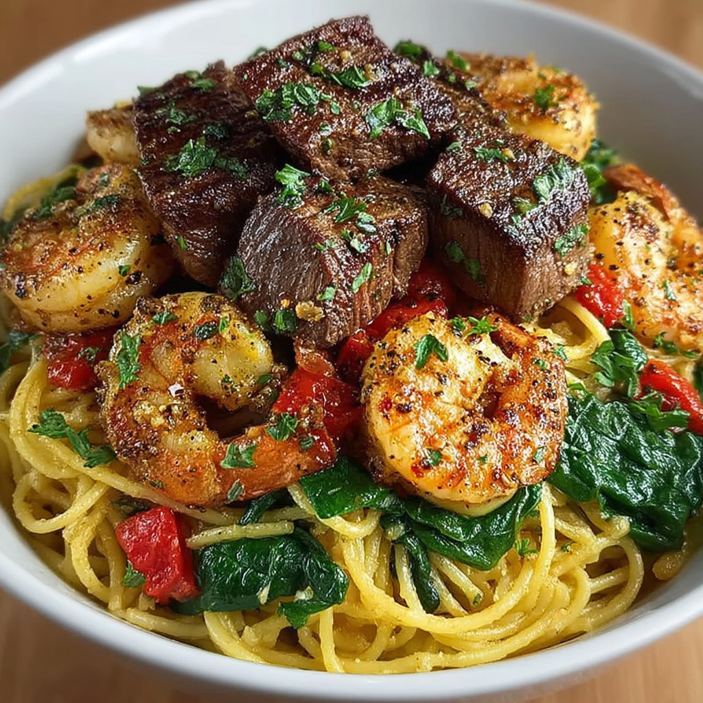 A bowl of food with shrimp, beef, and tomatoes.