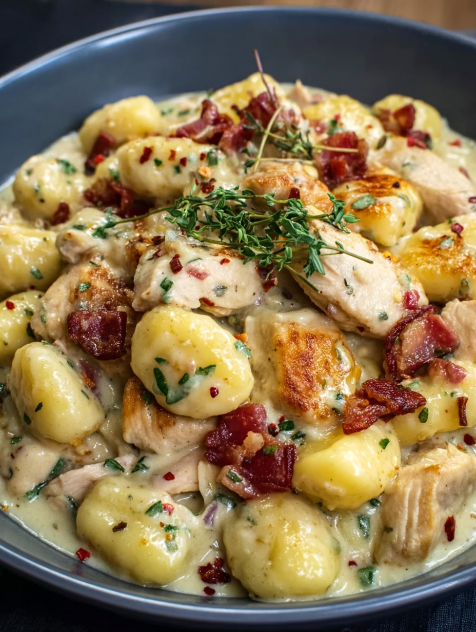 A bowl of food with chicken, potatoes, and herbs.