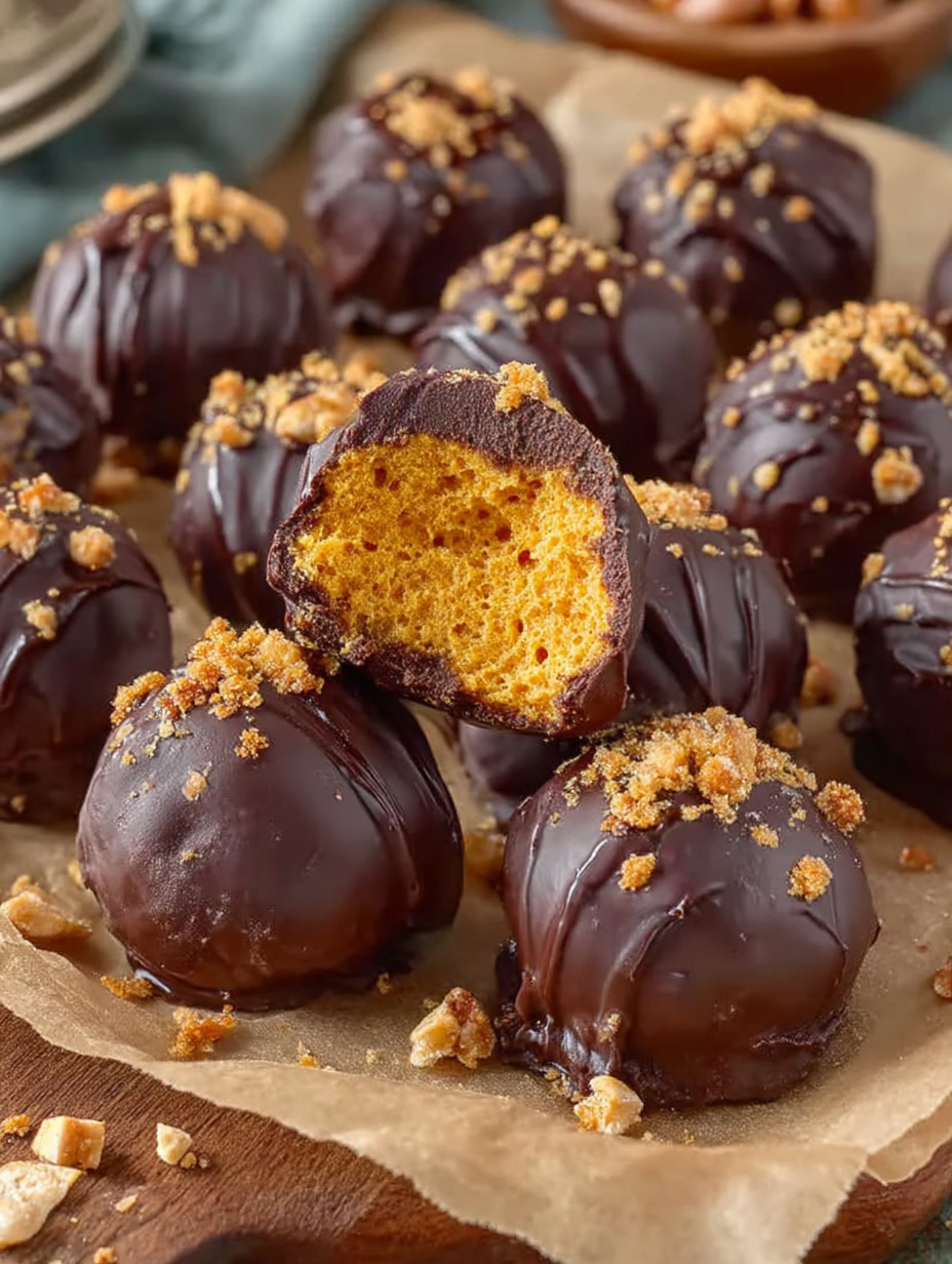 Chocolate balls with orange filling.