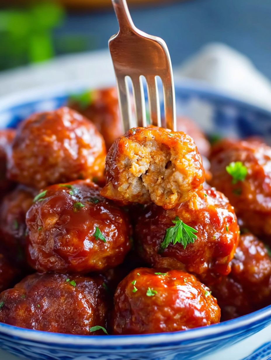 A fork is stuck in a bowl of meatballs.