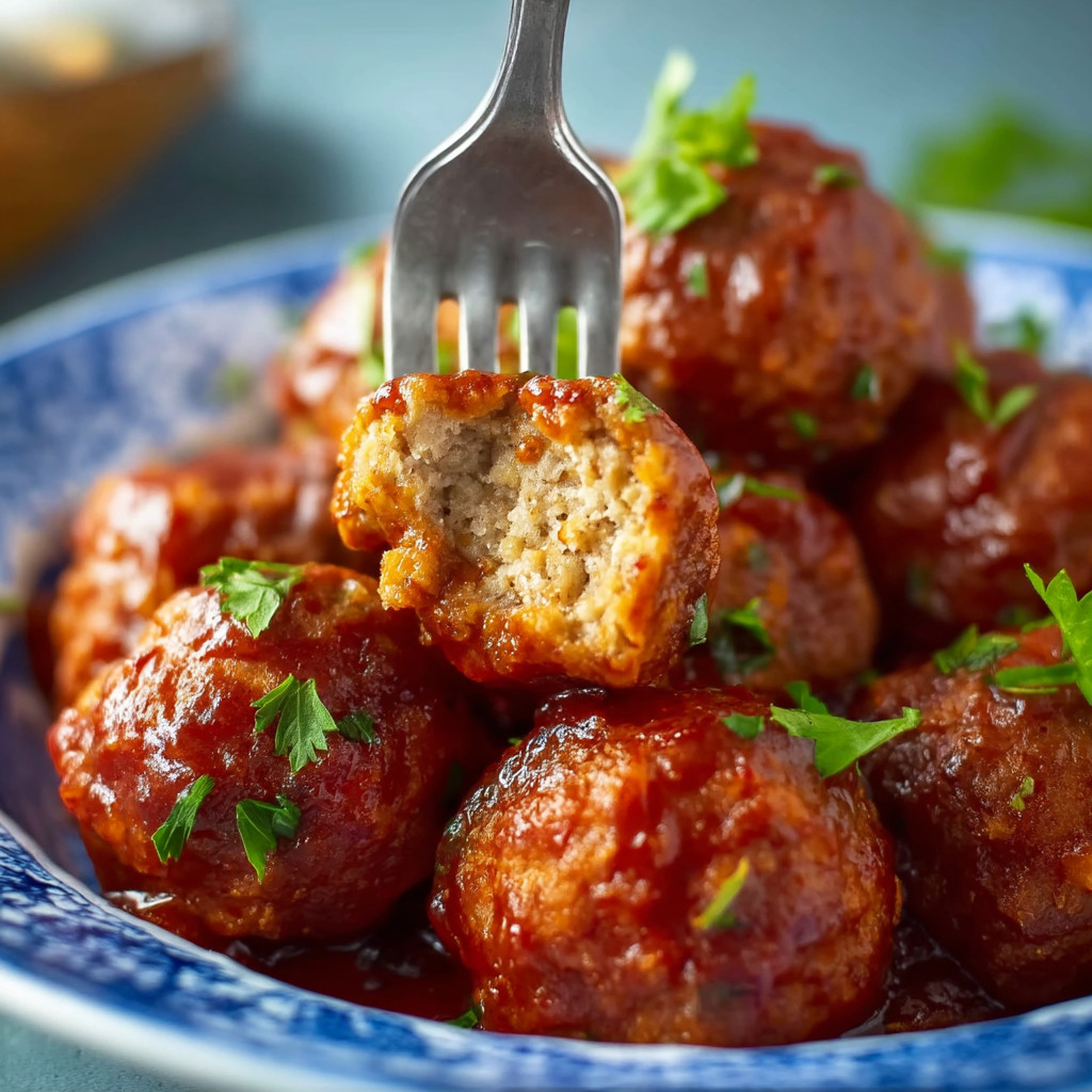 A fork is being used to eat meatballs.