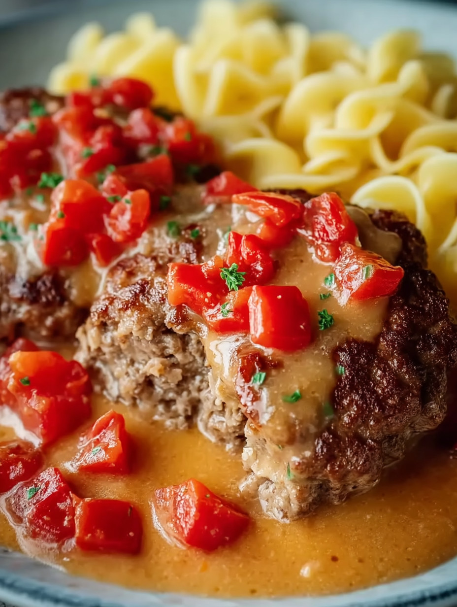 A plate of meat with tomatoes and gravy.