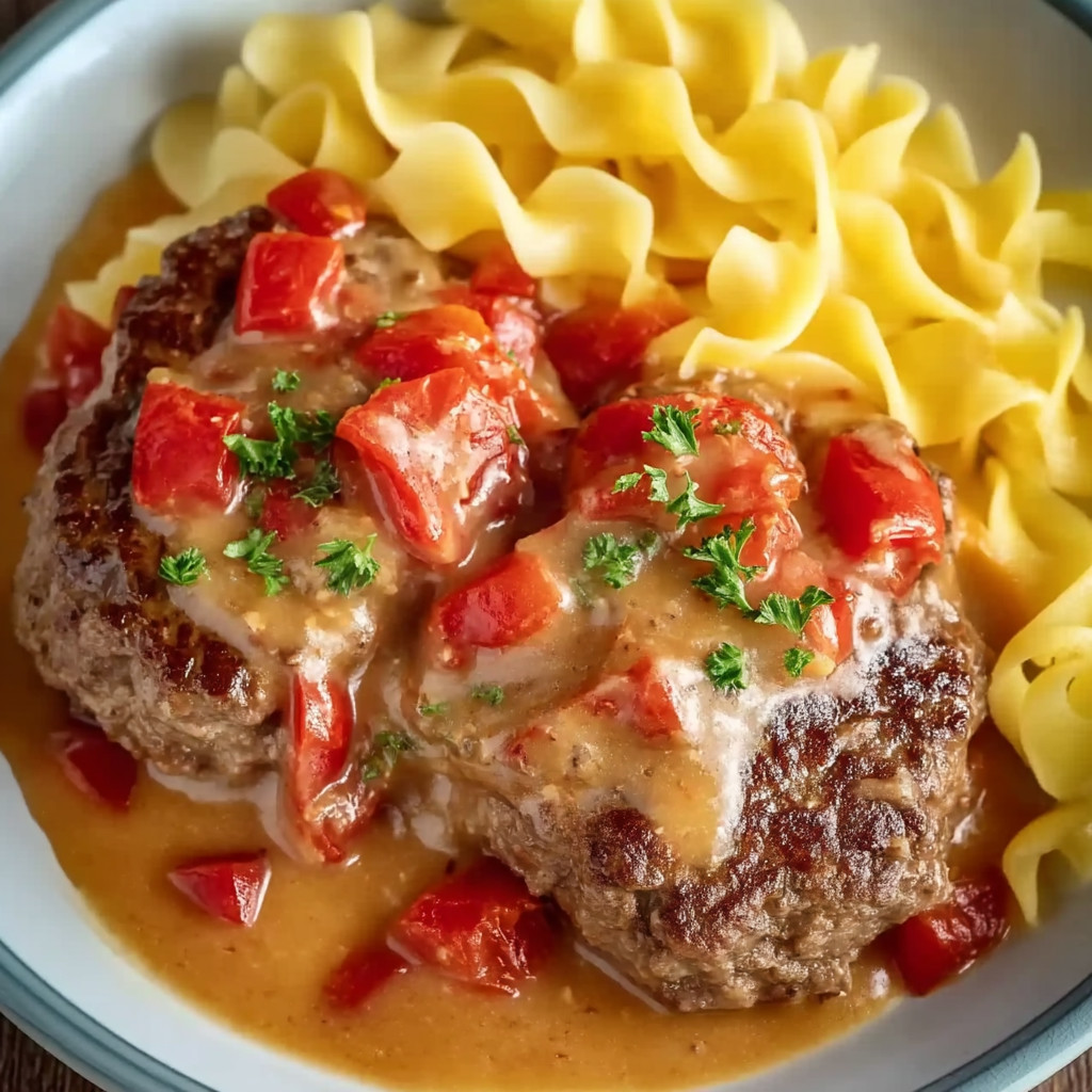 A plate of meat with tomatoes and noodles.