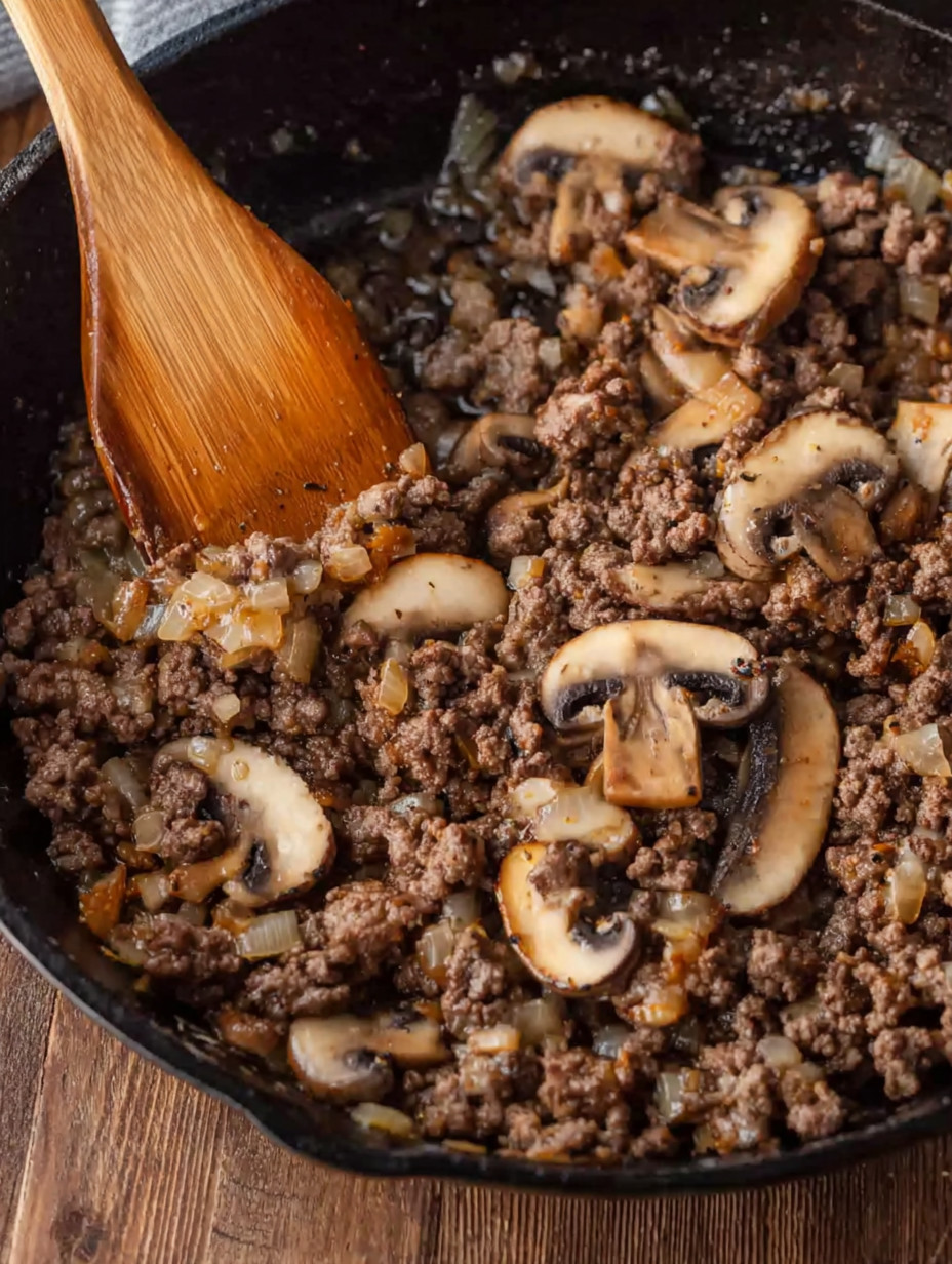 A pan of food with mushrooms and meat.