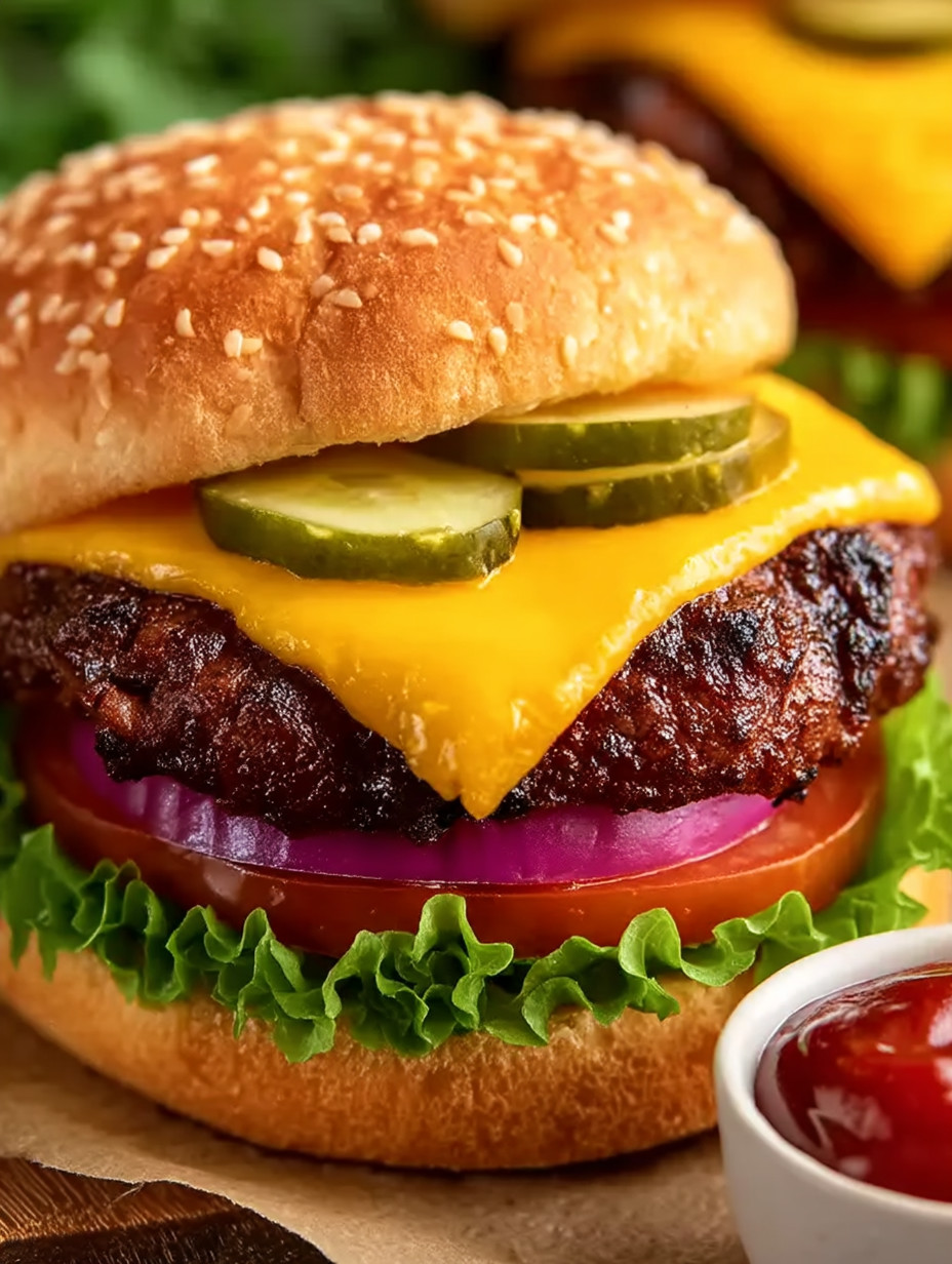 A cheeseburger with pickles and onions.