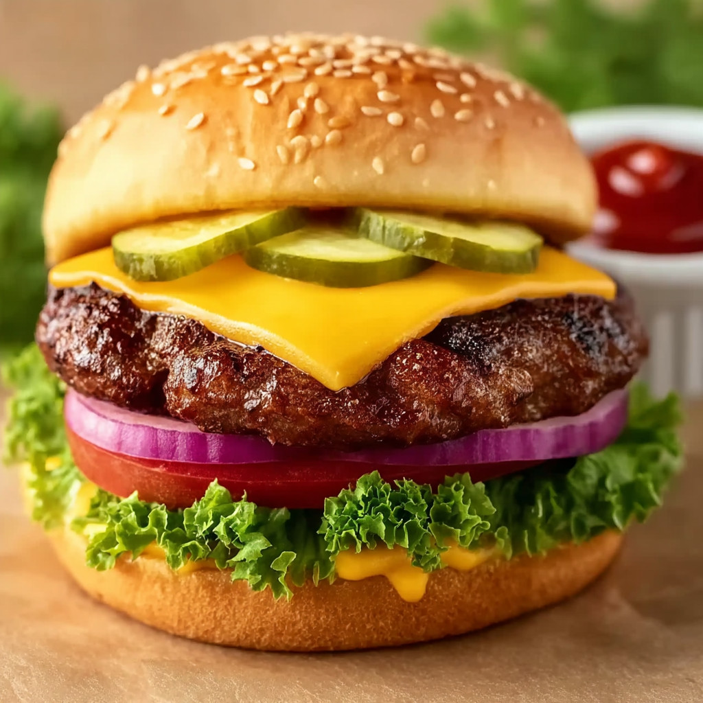 A hamburger with lettuce, tomato, pickle, and cheese.