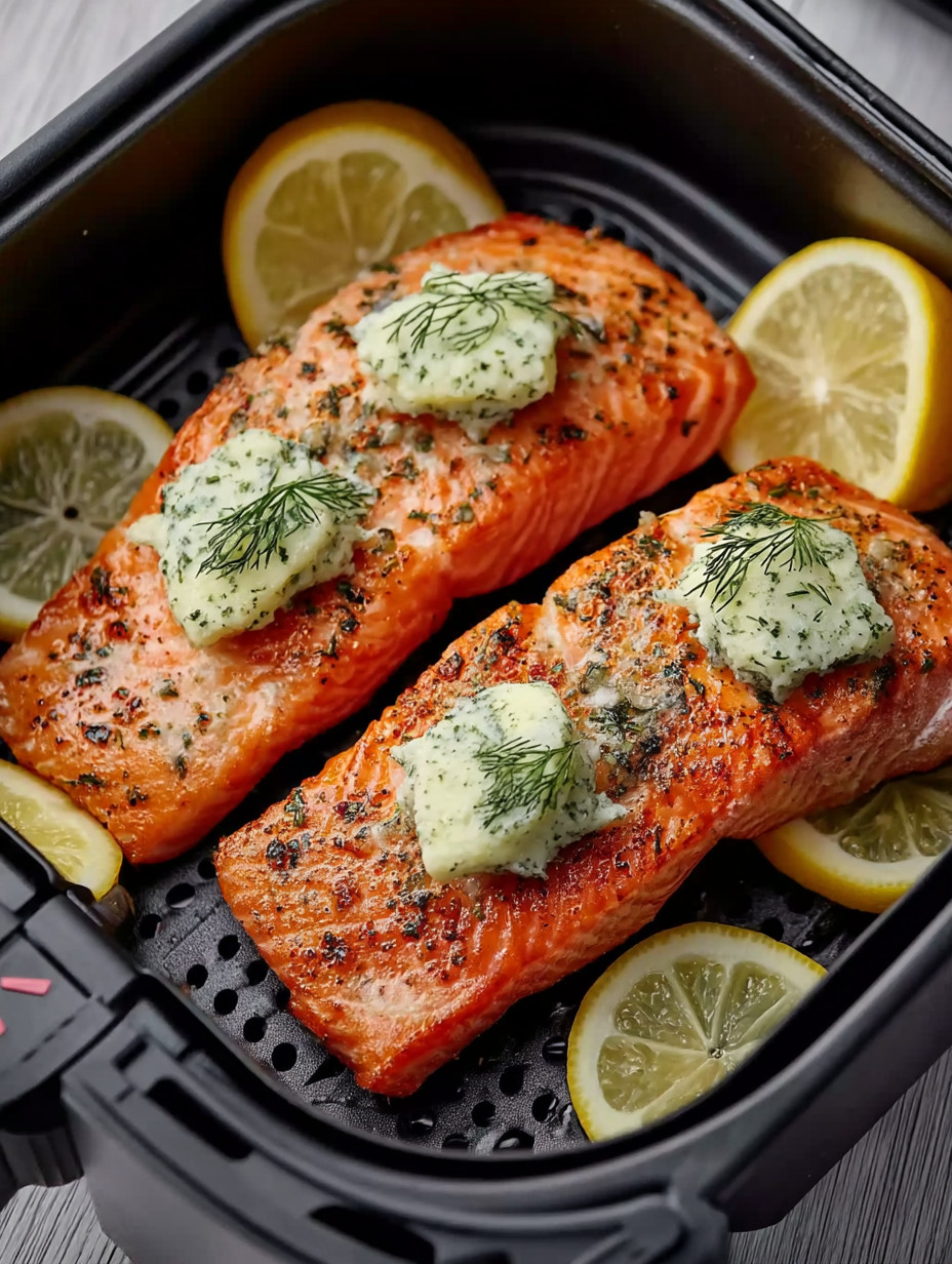 Two pieces of salmon with lemon and butter on top.