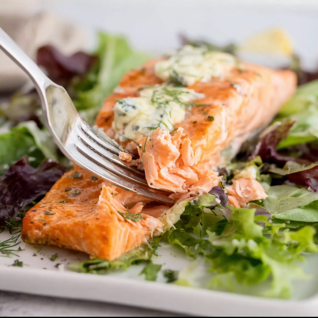 A fork is holding a piece of salmon.